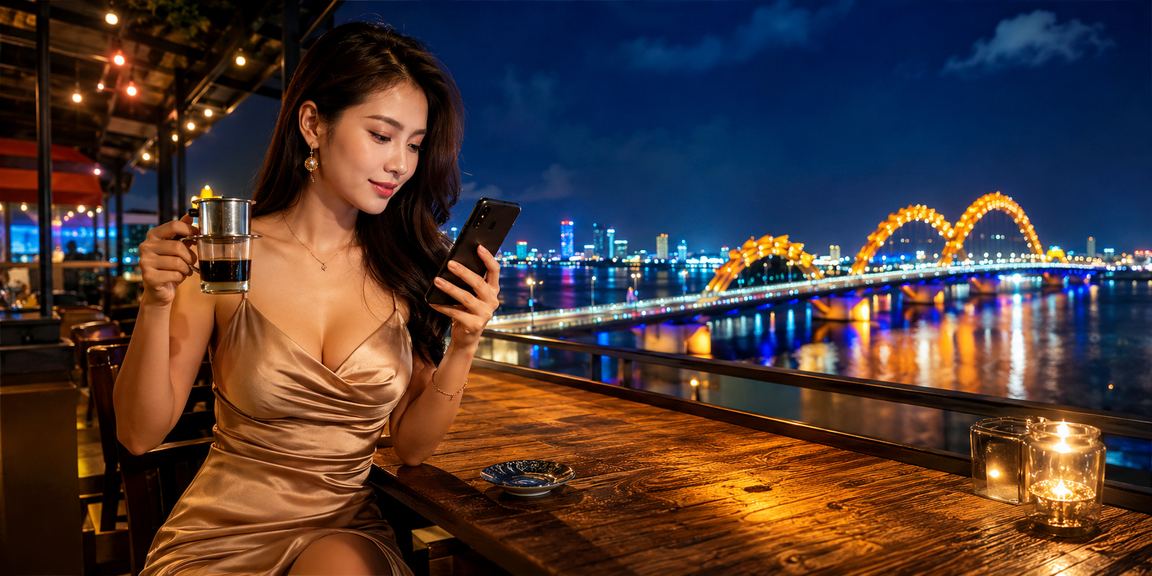 Người dùng tại Đà Nẵng kiểm tra số dư và giao dịch xổ số trực tuyến qua điện thoại bên ly cà phê